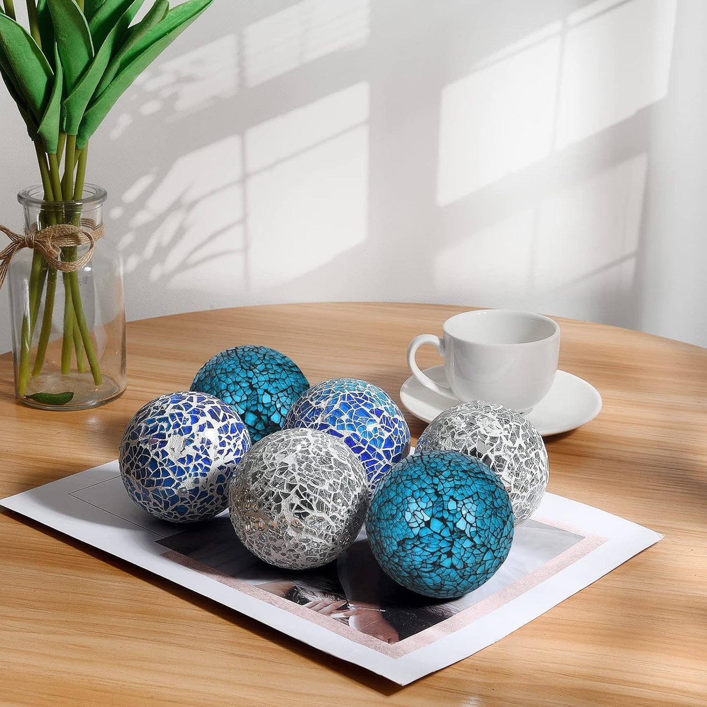 6Pcs Decorative Ball for Bowls, 8cm/3.15inch Mosaic Glass Centerpiece Decoration Balls Mirror Glass Ball Fillers for Home Decor Dining Tables Wedding Party (Mixed Color)