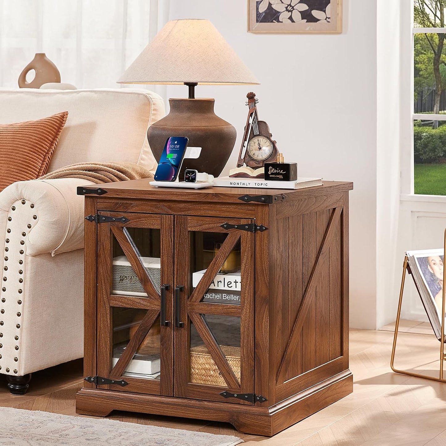 24" End Table Set of 2 with Charging Station, Farmhouse Night Stand with Glass Barn Door, Nightstands with Adjustable Storage Shelf, Large Wood Square Bed Side Table for Living Room,Bedroom