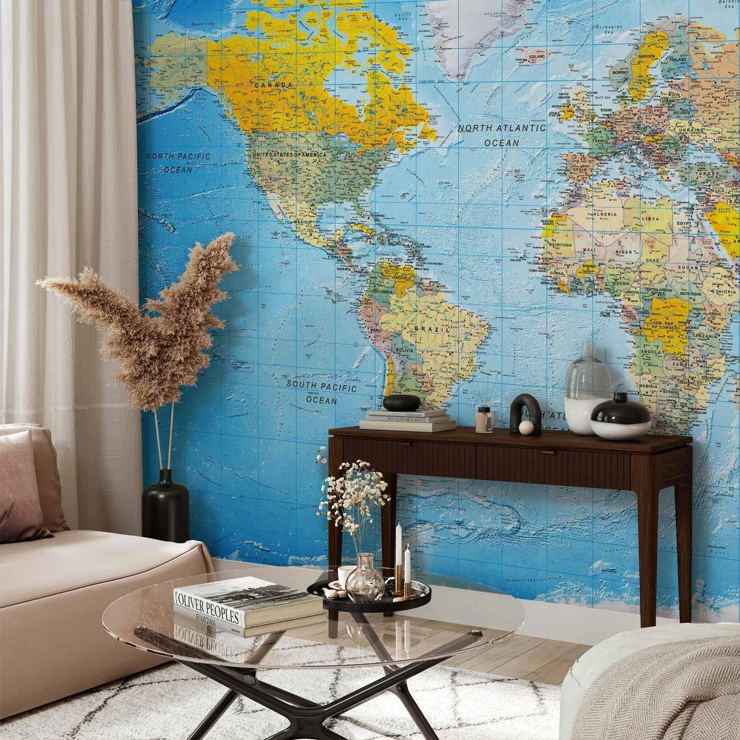artgeist Wall Mural World Map 193x138 in - XXL Peel and Stick Self-Adhesive Wallpaper Removable Large Sticker Foil Wall Decor Print Picture Image Design Map of The World k-A-0109-a-a