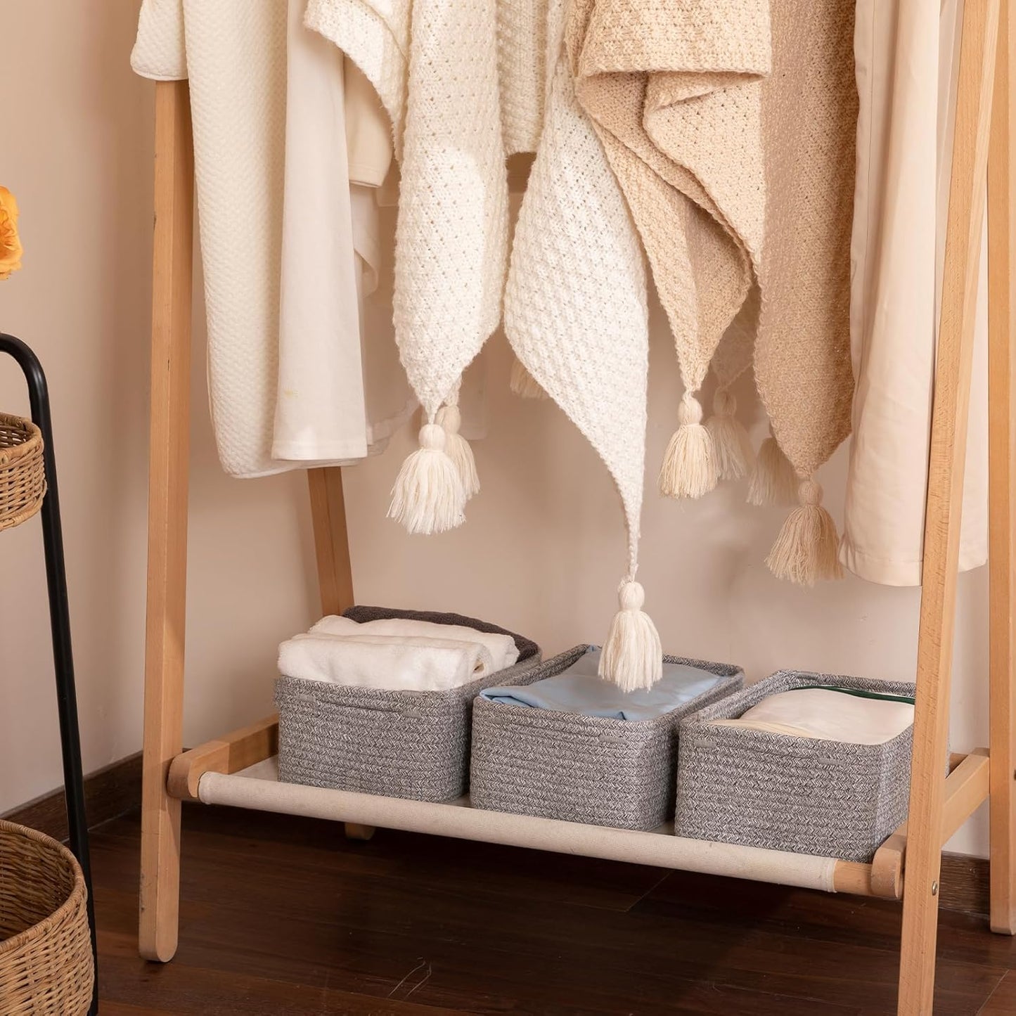 3 Pack Small Storage Baskets for Organizing, Cute Woven Decorative Gift Baskets for Shelves, Mini Closet Organizer Bins with Handles, 11.81''Lx7.87''Wx4.72''H-Grey