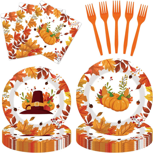 80pcs Fall Thanksgiving Paper Plates and Napkins Forks Dinner Cake Plates Autumn Leaves Pumpkin Party Decorations for Fall Thanksgiving Holiday Wedding Birthday,Serves 20 (Autumn)