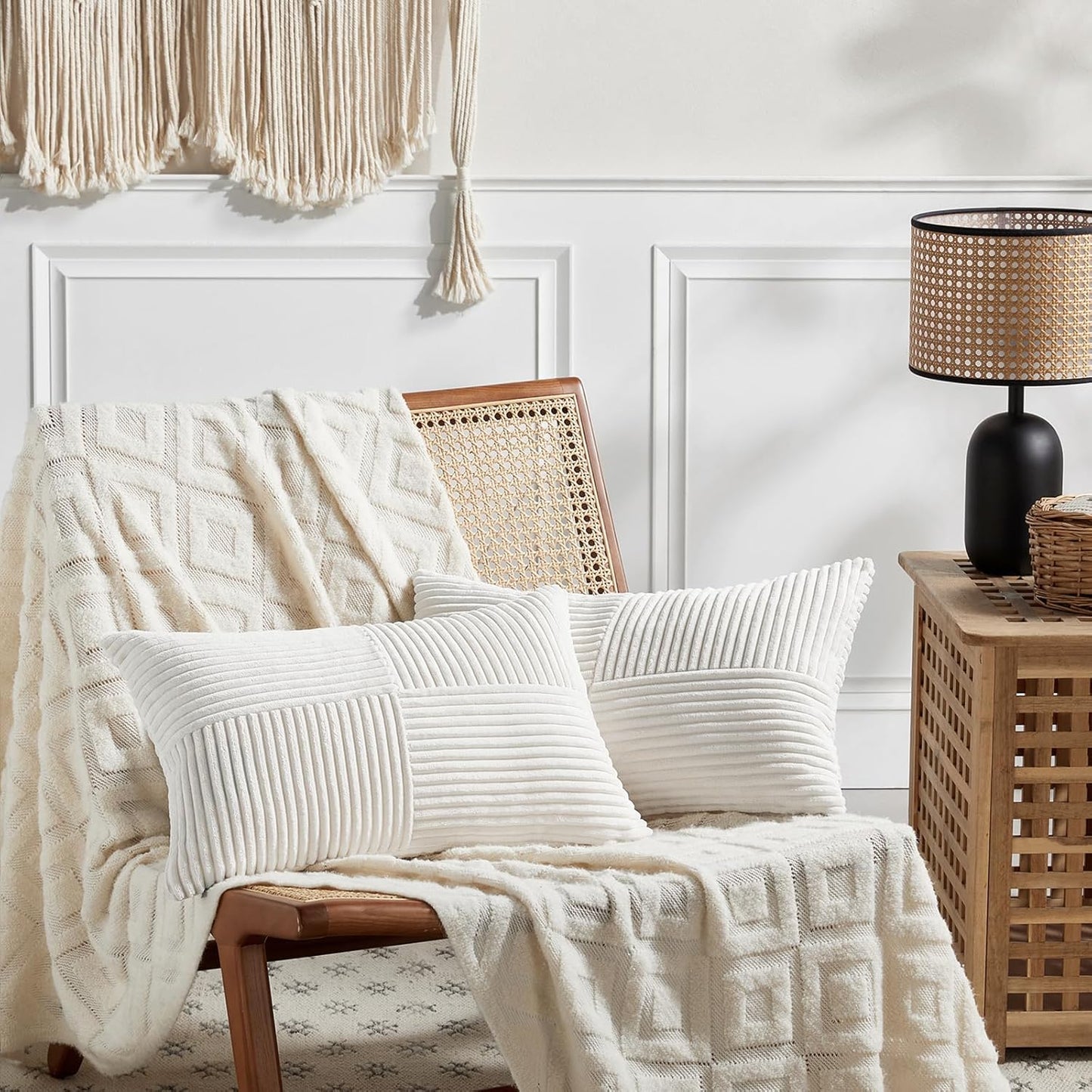 Fancy Homi 2 Packs Cream White Long Lumbar Decorative Throw Pillow Covers 16x24 Inch for Couch Bed Sofa, Rustic Farmhouse Boho Home Decor, Soft Striped Corduroy Rectangle Accent Cushion Case 40x60 cm