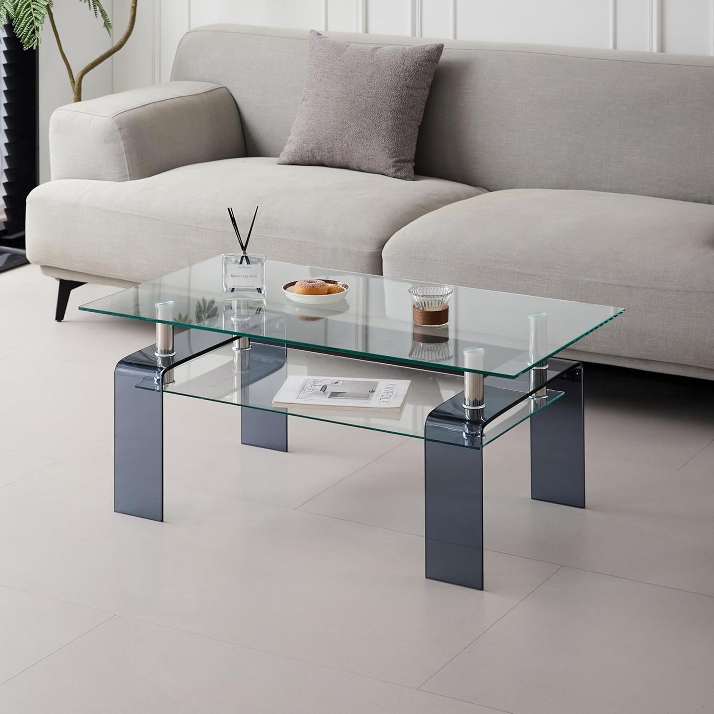 Glass Coffee Table Rectangle Living Room Center Table with Storage, Clear Tempered Glass Tabletop and Smoke Grey Leg,for Living Room and Office (Clear+Smoke)