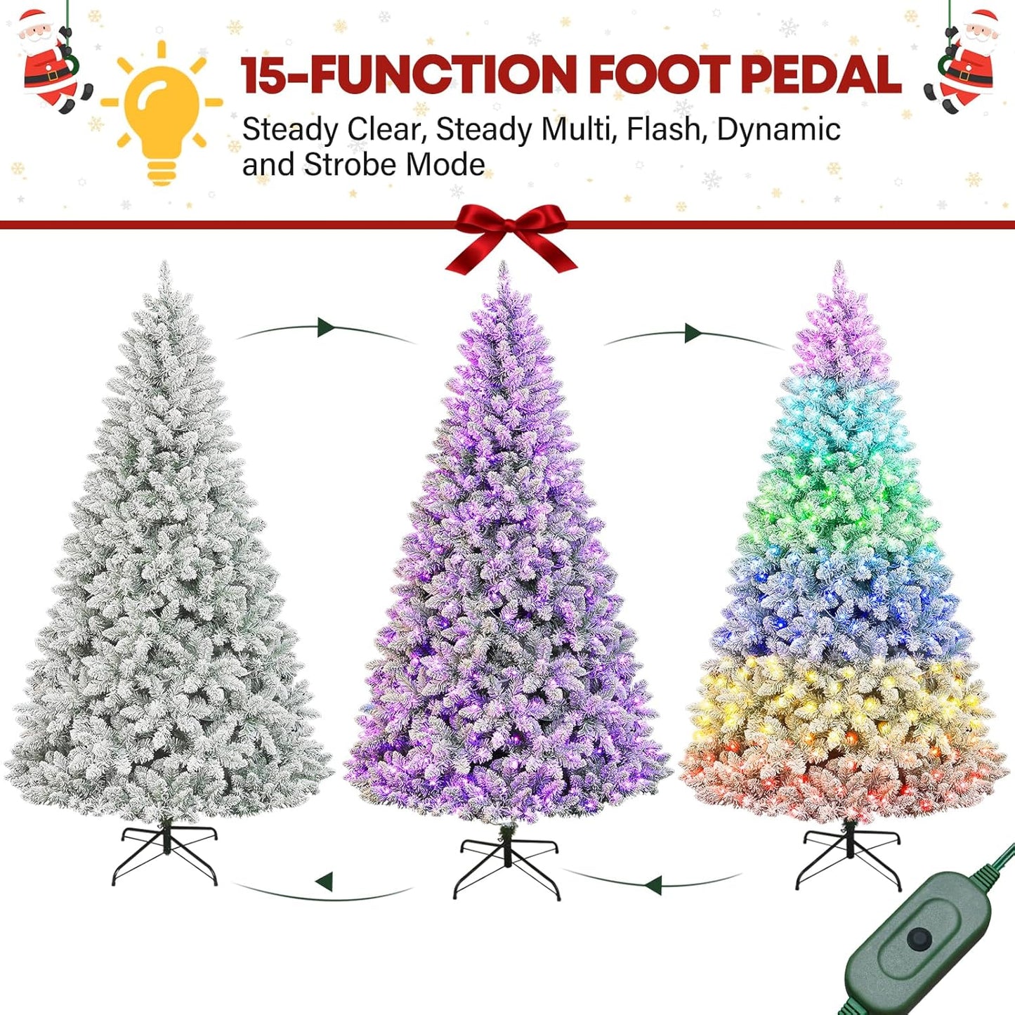6 ft Lighted Snow Flocked Christmas Tree with Remote Control, 250 Multicolor RGB LED Lights, 1032 PVC Branch Tips, Artificial Hinged Christmas Tree with for Holiday, 15 Modes