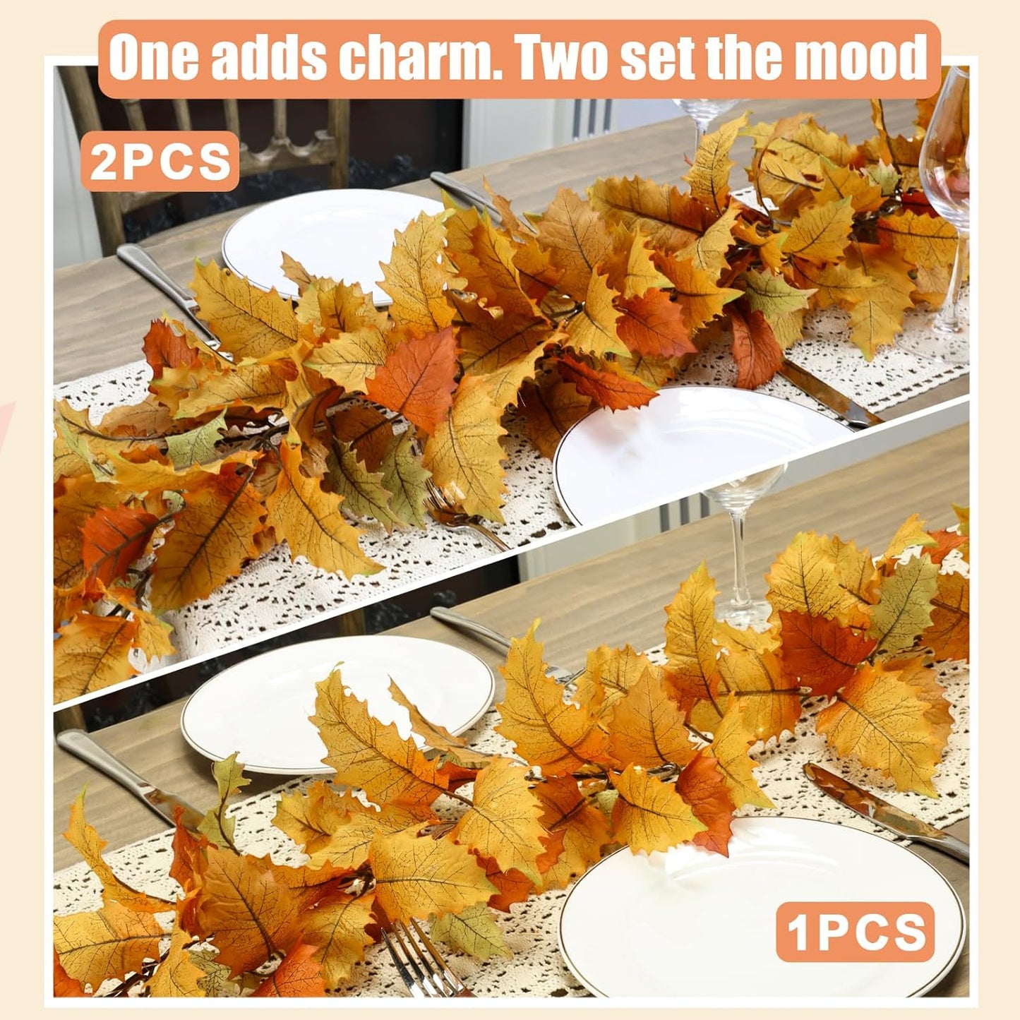 2PC Realistic Fall Garland for Mantle 6FT Fall Leaves Garland With Lights/Timer Fall Decorations for Home Porch Fall Leaf Garlands Autumn Decor for Thanksgiving Outdoor Fireplace Wedding Hanging Table