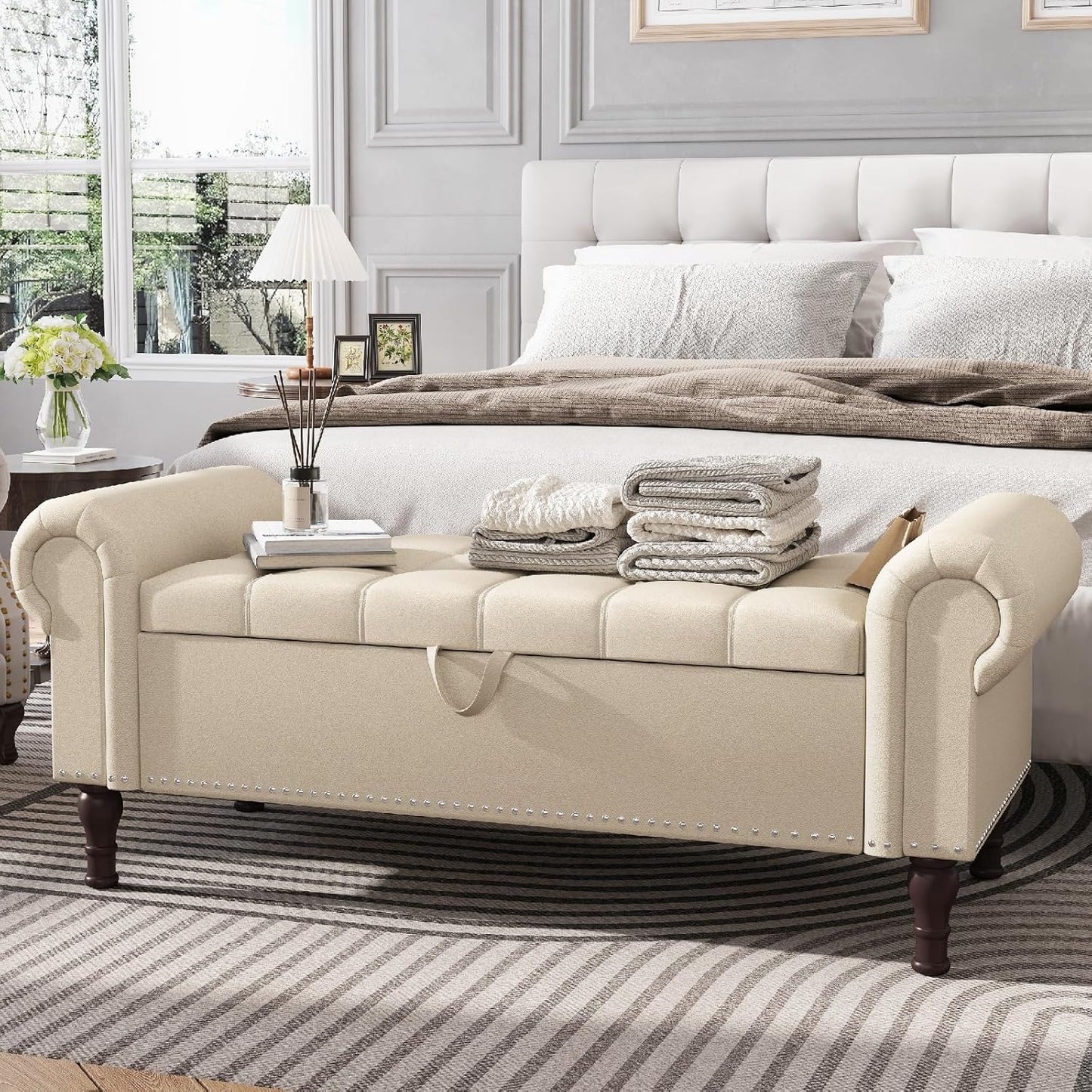 Apicizon 51”Storage Ottoman Bench, Soft Faux Leather Indoor Bench with Rolled Arm and Vintage Rivets, Large Storage Chest for Bedroom, Living Room, Entryway，Beige+Brown Legs