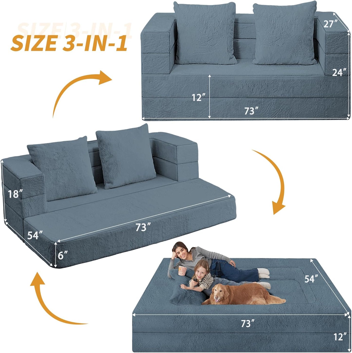 Folding Bean Bag Chair for Adults,3-in-1 Bean Bag Couch Faux Fur Floor Sofa Large Beanbag Convertible Bean Bag Sofa Bed with Pillow in Bedroom,Living Room,Apartment(Queen,Gray)