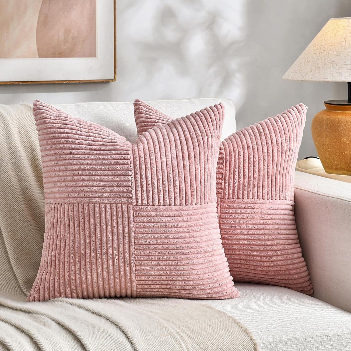 Fancy Homi 2 Packs Blush Pink Decorative Throw Pillow Covers 18x18 Inch for Living Room Couch Bed, Rustic Farmhouse Boho Home Decor, Soft Corss Corduroy Patchwork Textured Square Cushion Case 45x45 cm