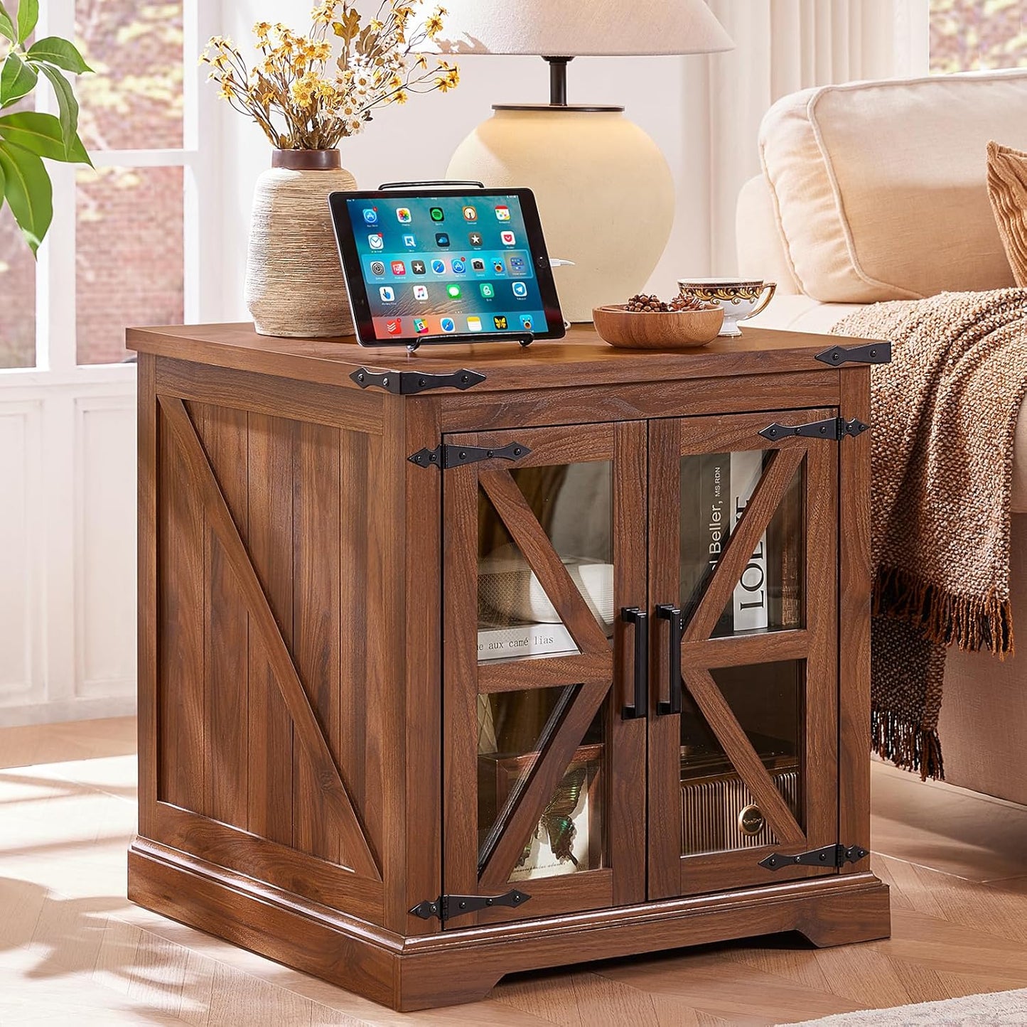 24" End Table with Charging Station, Farmhouse Night Stand with Glass Barn Door, Green Nightstands with Adjustable Storage Shelf, Large Wood Square Bed Side Table for Living Room, Bedroom