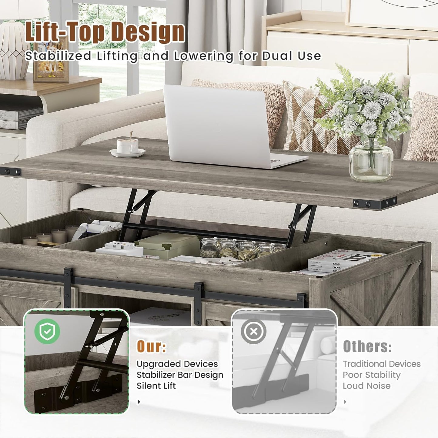 48" Farmhouse Lift Top Coffee Table with Storage Sliding Barn Door & Large Hidden Compartment, Coffee Table with Lifting Top with Wooden Lift Tabletop, Coffee Tables for Living Room, Grey