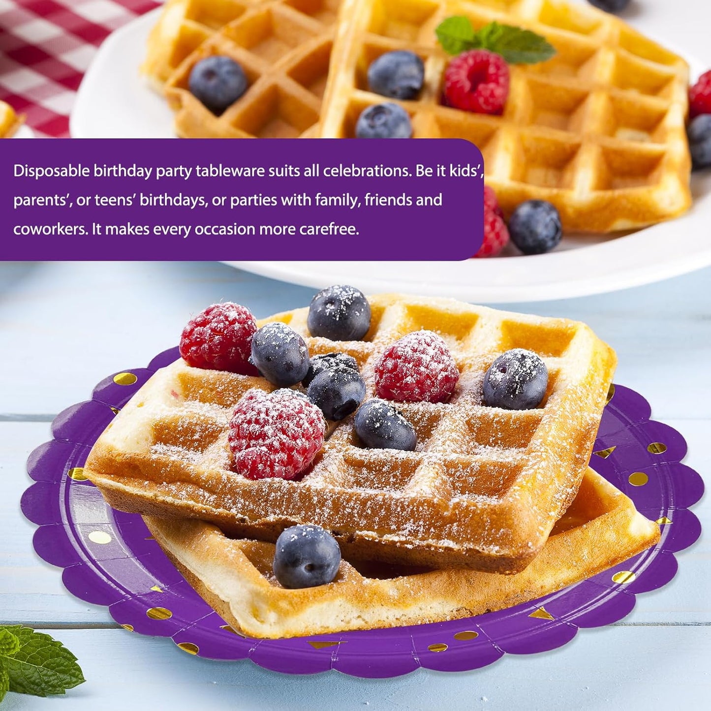 50PCS Purple Birthday Party Plates Decorations, 7 Inch Scalloped Purple and Gold Paper Plates Disposable Happy Birthday Dessert Cake Plate Party Supplies for Birthday's Decorations