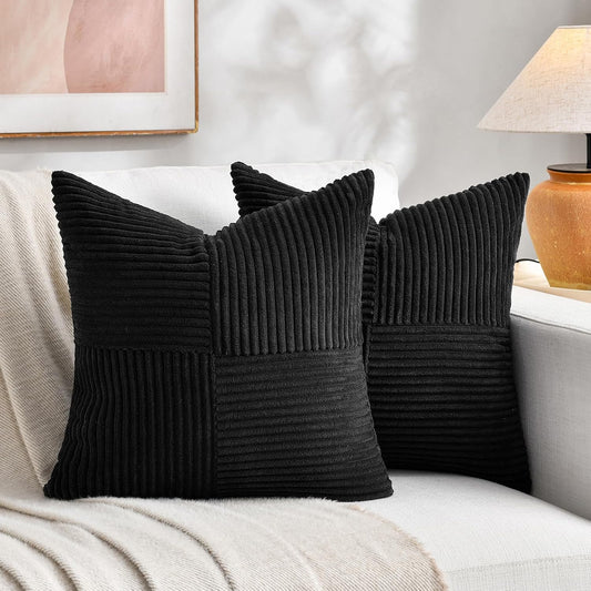 Fancy Homi 2 Packs Black Euro Decorative Throw Pillow Covers 28x28 Inch for Couch Bed Sofa, Rustic Farmhouse Boho Home Decor, Soft Corss Corduroy Patchwork Textured Square Cushion Case 71x71 cm