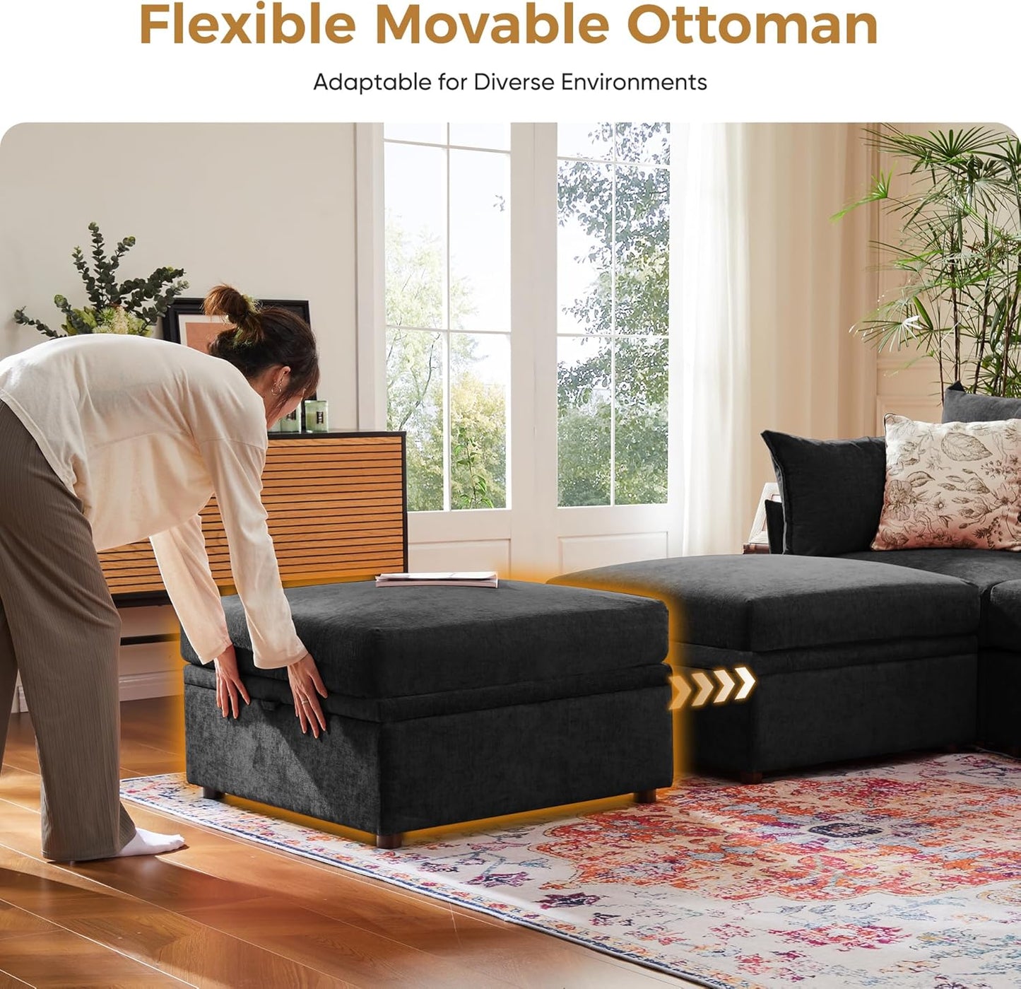 198.6" Oversized Modular Sectional Sofa, U Shaped Convertible Couch with Movable Ottoman, Large 10 Seats Corner Couches for Living Room Deep Seat Black Chenille