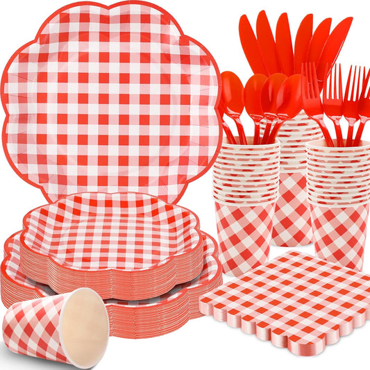 350 Pcs Red Gingham Plates and Napkins Party Supplies - Red and White Checkered Plates Sets Serve 50 Guests - Scalloped Gingham Paper Plate for Birthday Picnic Wedding Christmas Party Decorations
