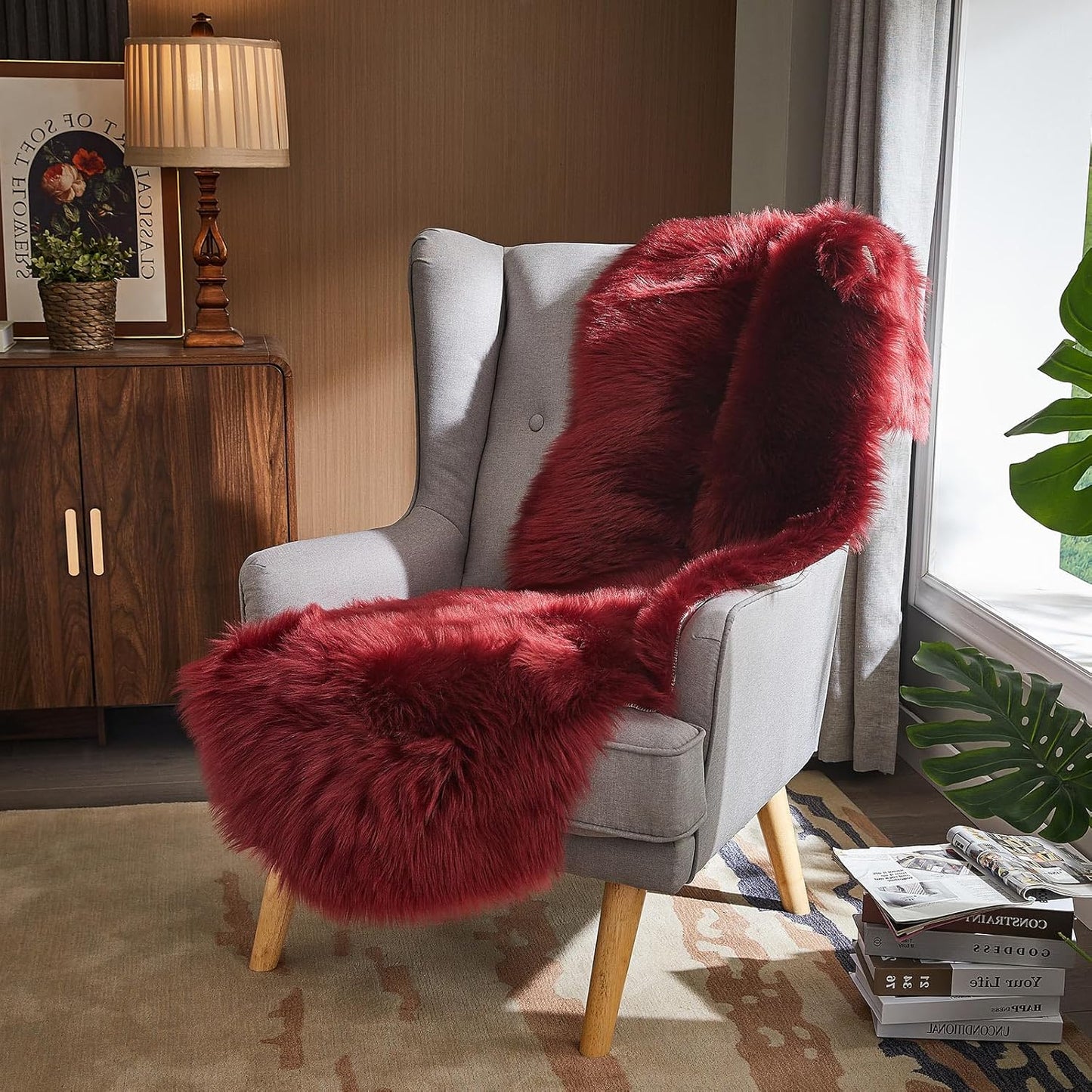 AMTOVO Faux Sheepskin Rug, Burgundy Ultra Soft Fluffy Shag Area Rug, 2 x 6 ft Faux Fur Rug for Bedroom Sofa Throw Cushion Room Decor, Sheepskin