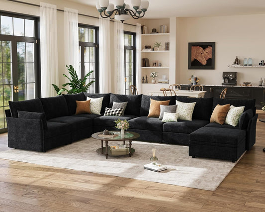 166.6" Oversized Modular Sectional Sofa, U Shaped Convertible Couch with Movable Ottoman, Large 8 Seat Corner Couches for Living Room Deep Seat Black Chenille