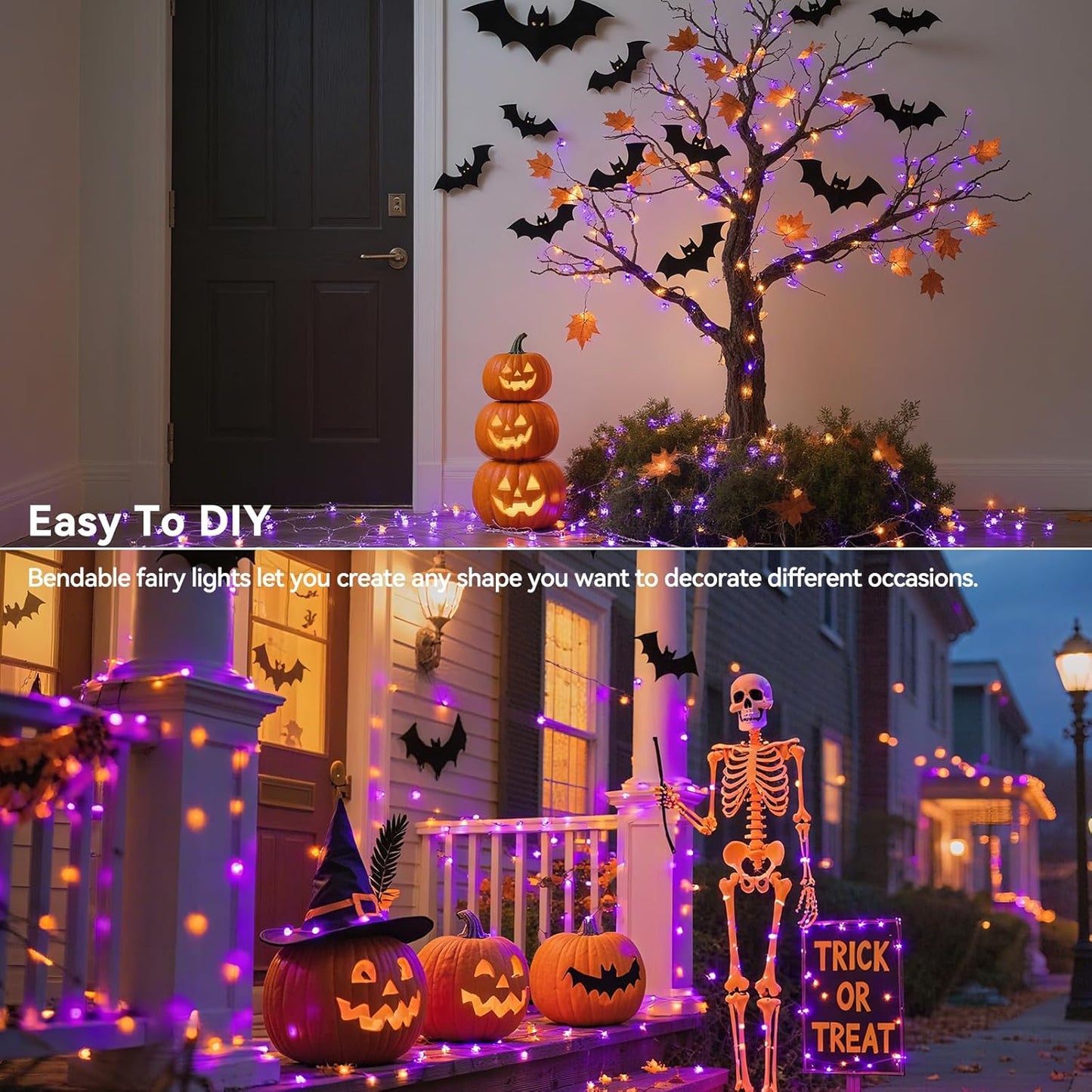 4 Pack 60LED Halloween Fairy Lights Battery Operated - 20FT Twinkle Lights with 2 Lighting Modes Indoor, Waterproof Led Fairy String Lights for Christmas, Bedroom, Dorm, DIY Decor, Purple & Orange