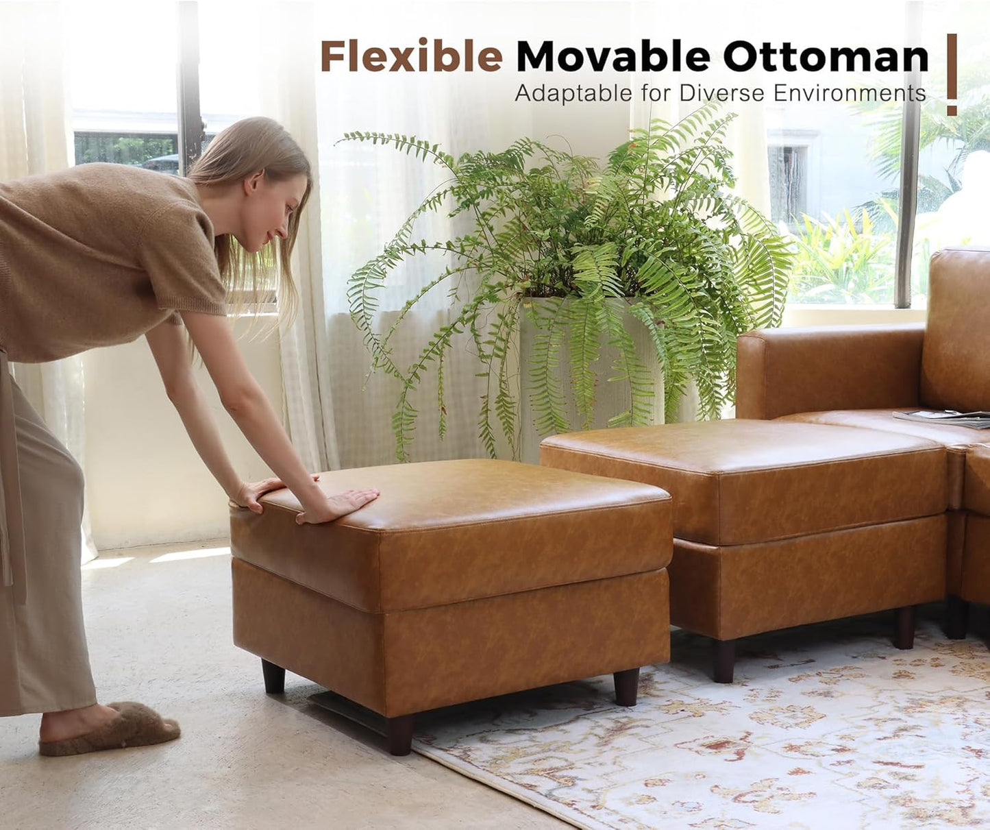 118.5" Faux Leather Modular Sectional Convertible Sofa, L Shaped Couch Set for Living Room, Large 8-Seater Comfy Cloud Couches with Movable Storage Ottoman DIY Combination - Brown