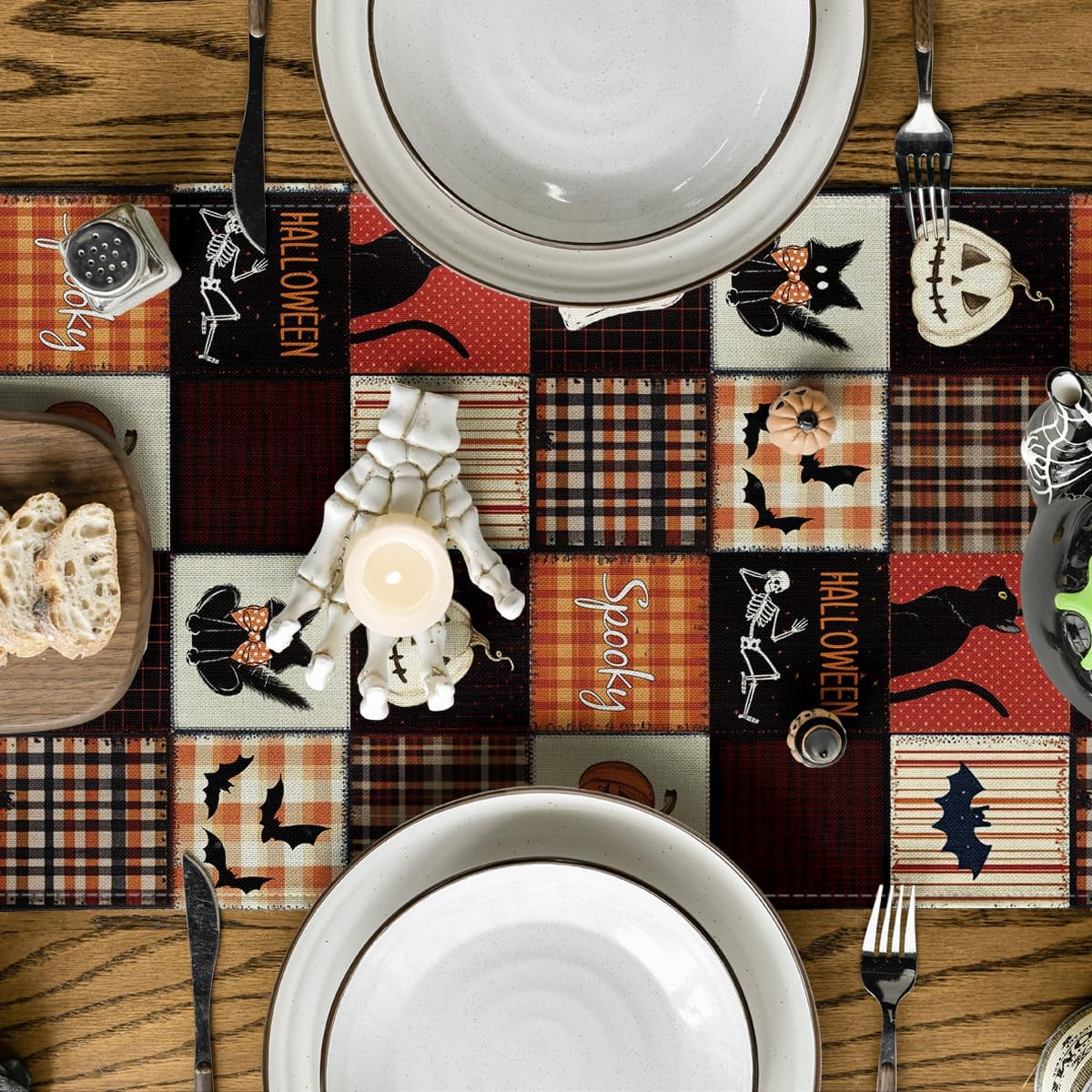 Artoid Mode Black Cat Bat Pumpkin Spooky 210 GSM Halloween Table Runner, Ghost Kitchen Dining Table Decoration for Home Party Decor 13x72 Inch