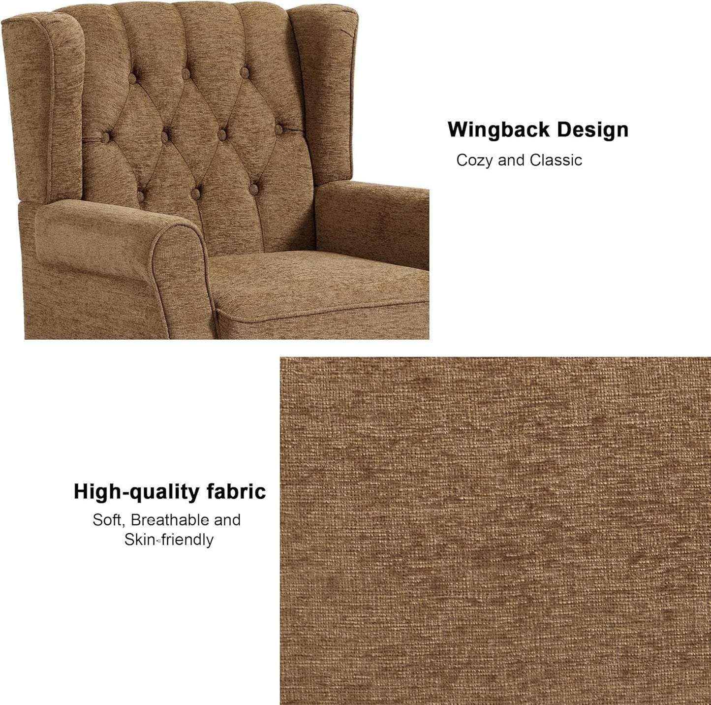 Accent Chair, Upholstered Armchair with Button Tufted High Back & Solid Wood Legs, Comfy Wingback Reading Single Sofa Chair for Small Spaces, Living Room, Bedroom (Brown, Set of 1)