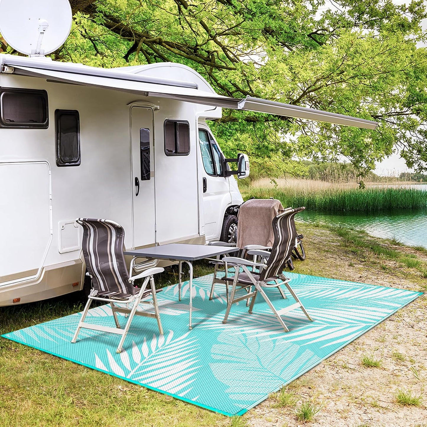 GENIMO Outdoor Rug 8' x 10' Waterproof for Patios Clearance, Reversible Outdoor Plastic Straw Camping Rug Carpet, Large Area Rugs Mats for RV, Camper, Deck, Balcony, Porch, Beach, Aqua Blue&White