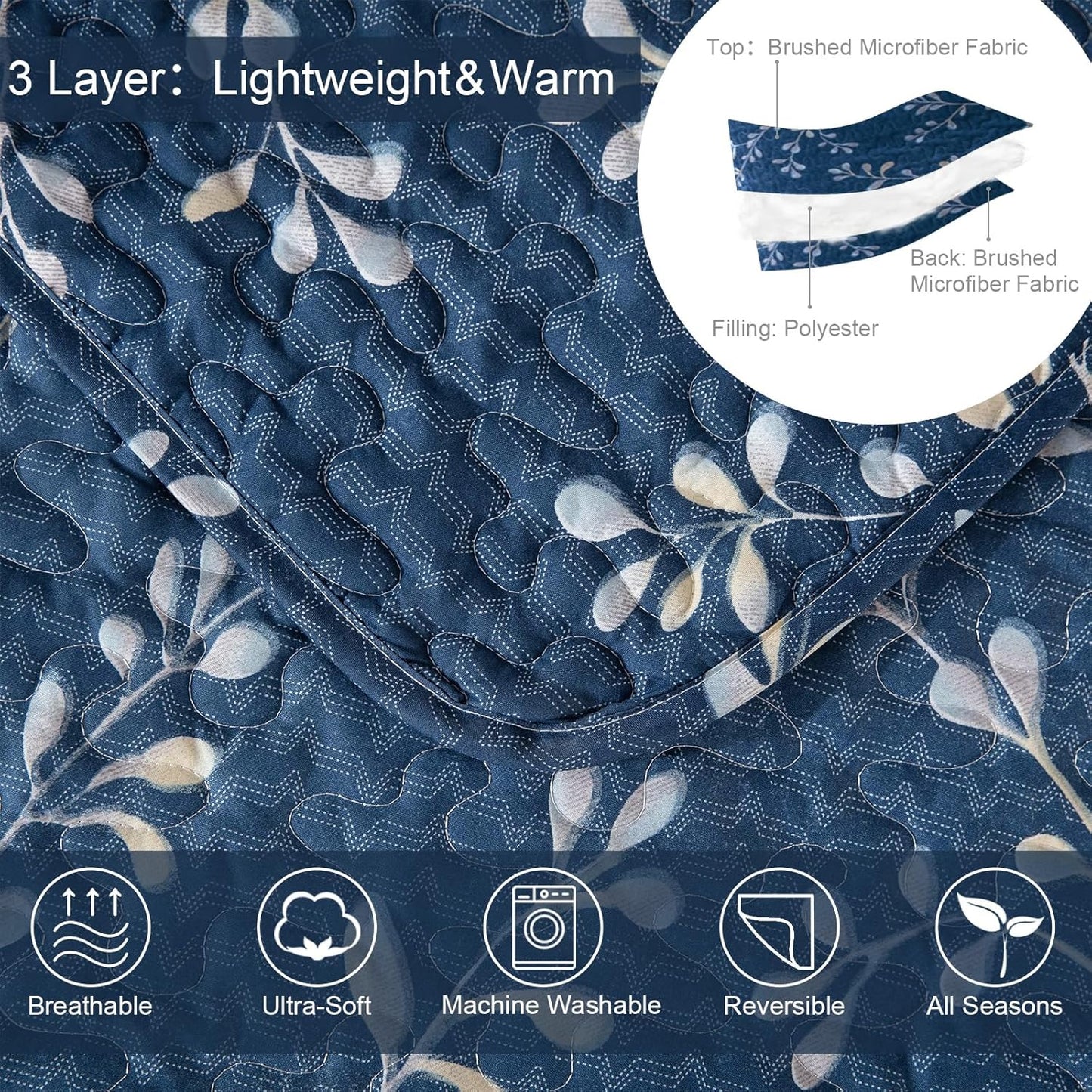 Exclusivo Mezcla Reversible Boho Quilt Set Queen Size, 3 Pieces Flowers Navy All Season Bedspreads, Ultra Soft Floral Coverlet Bedding Set with Printed Pattern (1 Quilt, 2 Pillow Shams)