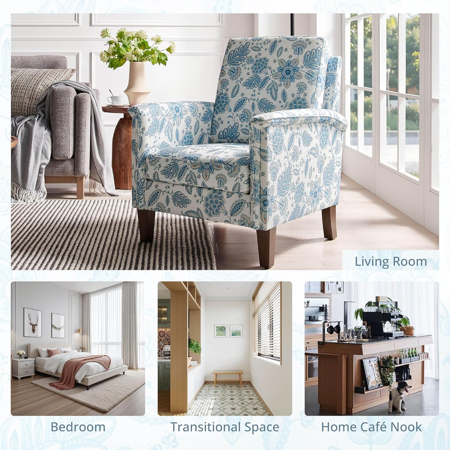 Floral Accent Chair, High Back Upholstered Armchair with Solid Wooden Legs, Padded Armrest and Removable Comfortable Cushioned Seat Single Sofa for Living Room, Bedroom, Blue