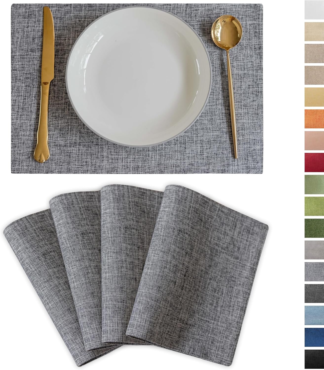 Demetex Grey Placemats Set of 4 Farmhouse Heat Resistant Linen Table Place Mats Washable Cloth Plate Mats for Party Picnic Buffet, Ash Grey