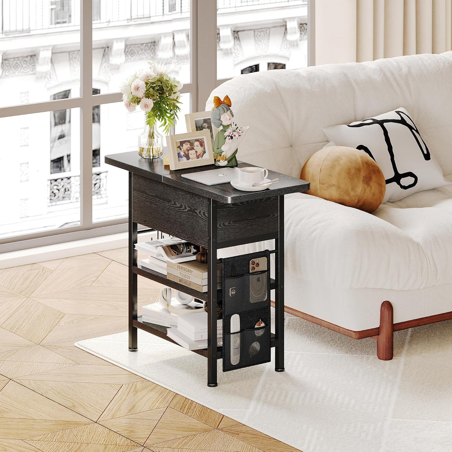 End Table with Charging Station, Flip Top Nightstand with USB Ports and Outlets,Couch Side Table with Fabric Bag and Hooks, Bedside Table for Space Saving, Living Room, Bedroom (Black)