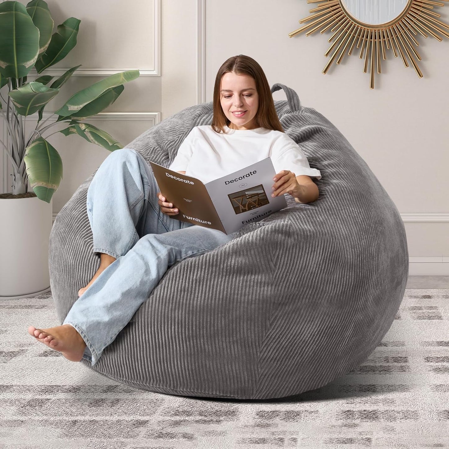 3.5FT Bean Bag Chairs Teardrop Bean Bag Chair for Adults Beanbag Chair with Memory Foam Filled Machine Washable Cover for Living Room, Bedroom (Large,Grey)