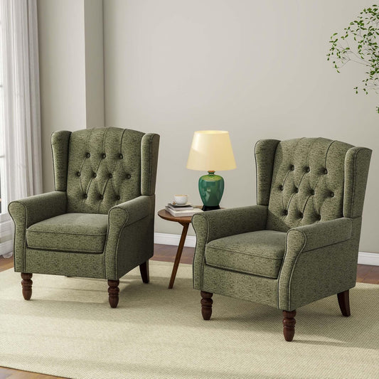 Accent Chair, Upholstered Armchair with Button Tufted High Back & Solid Wood Legs, Comfy Wingback Reading Single Sofa Chair for Small Spaces, Living Room, Bedroom (Green, Set of 2)