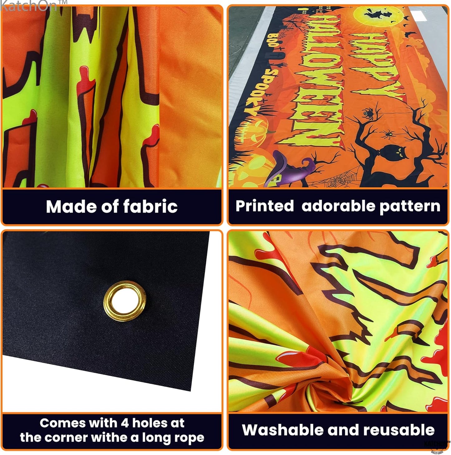 KatchOn Spooky Happy Halloween Banner - XtraLarge, 72x44 Inch | Orange Halloween Photo Backdrop for Decorations & Photography
