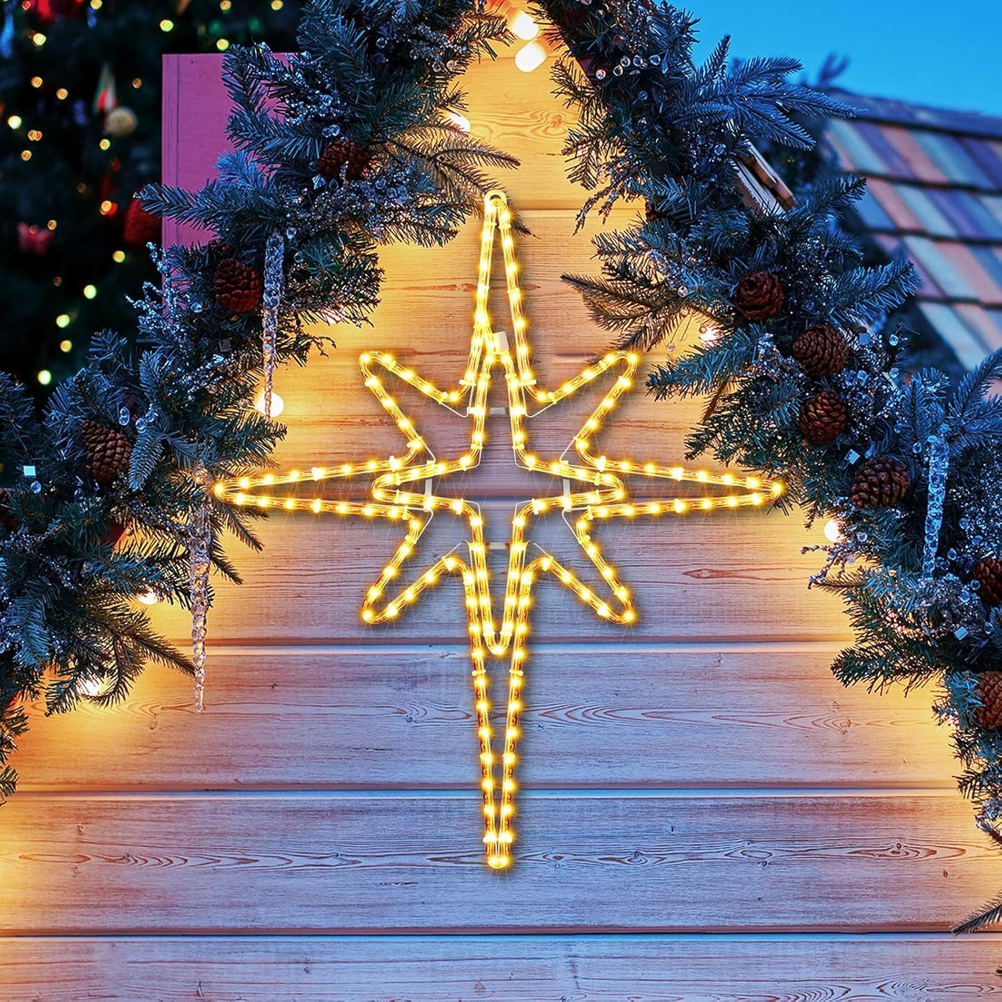 28" Christmas Star of Bethlehem LED Star Hanging Lights Nativity Holy Family Light for Door Window Porch Wall Decoration Plug Operated Lighted Hanging Tree Topper(Warm Light)