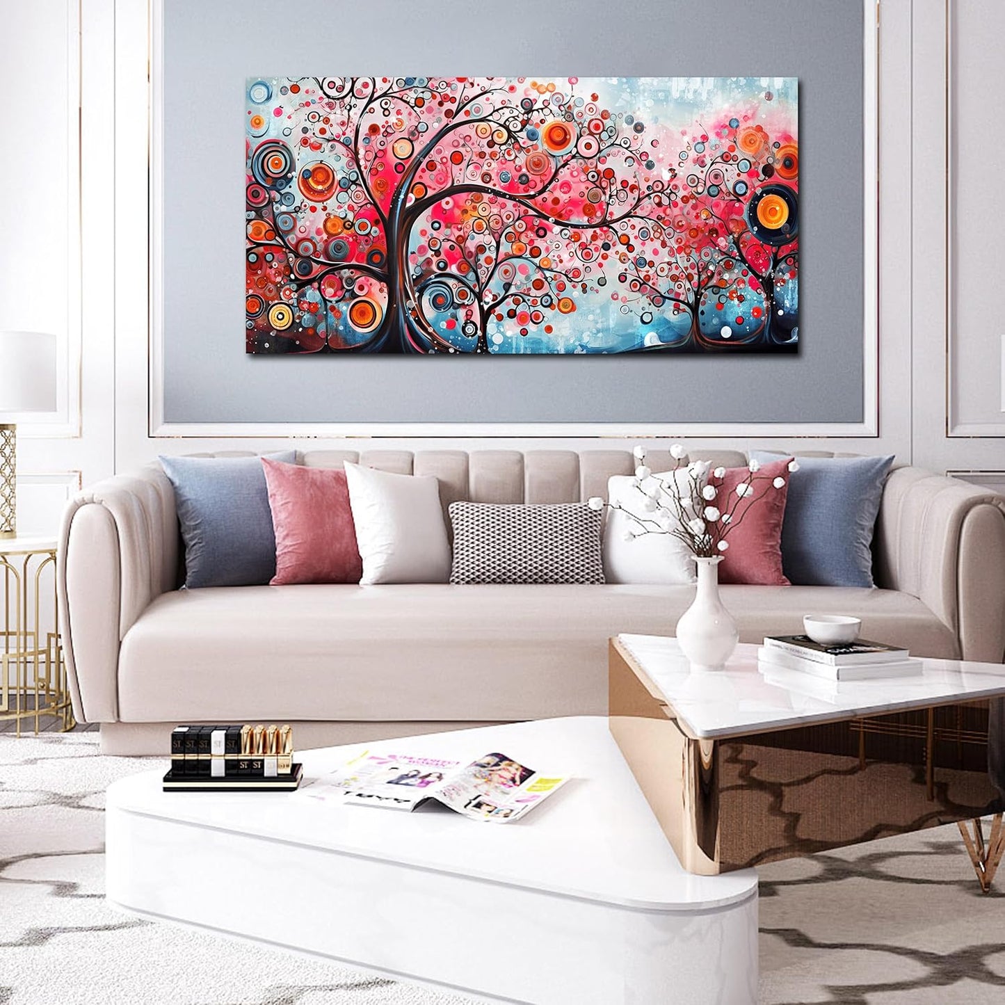 ENTANUB Tree Wall Art for Living Room, Abstract Canvas Wall Decor for Bedroom, Pink Print Paintings, Size 24x48 Inches