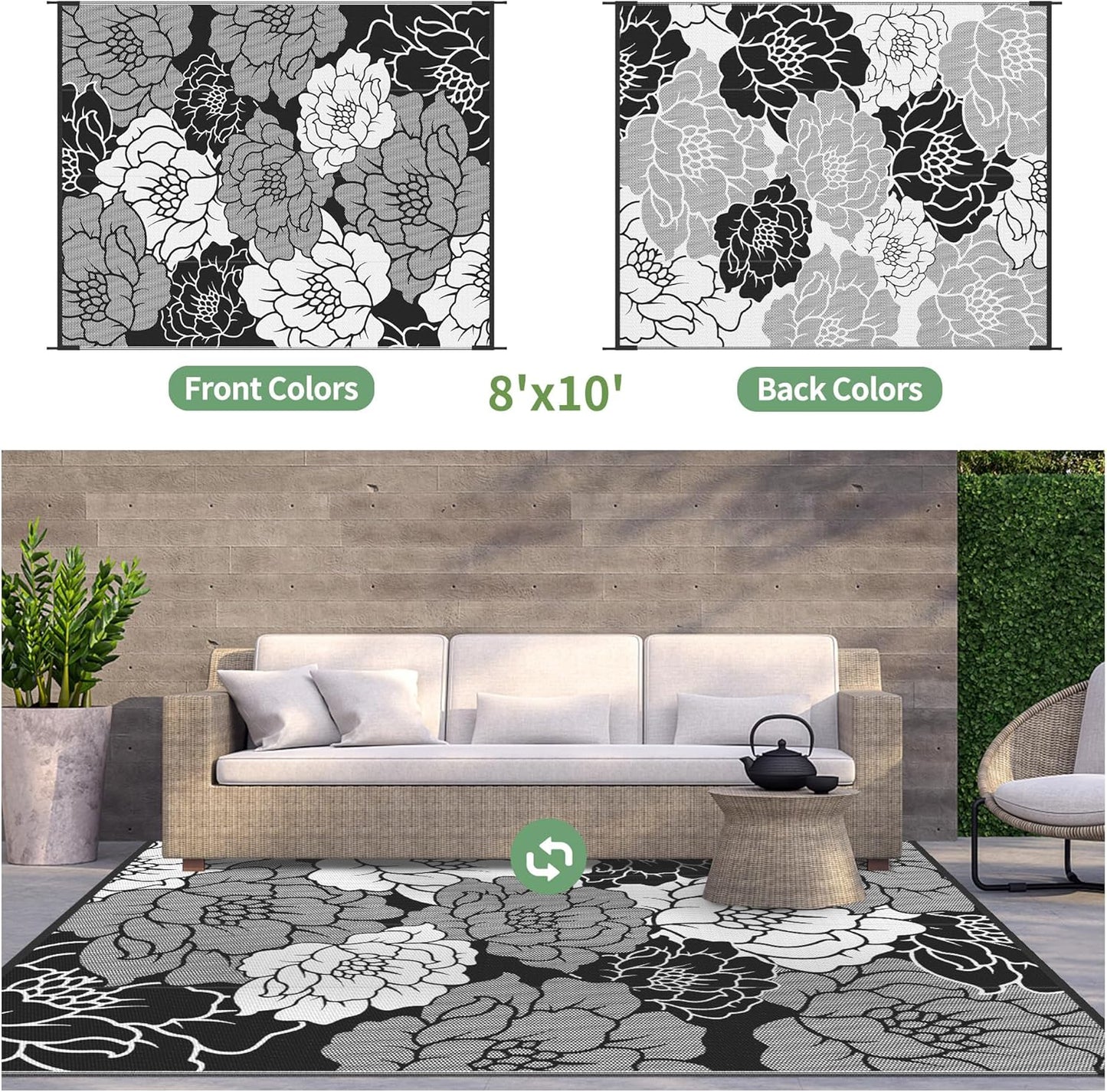 GENIMO Outdoor Rug Waterproof for Patio Decor, 8' x 10' Reversible Plastic Straw Floral Camping Carpet, Large Area Rugs Mats for RV, Camper, Deck, Balcony, Porch, Beach, Picnic, Mix-Black & White