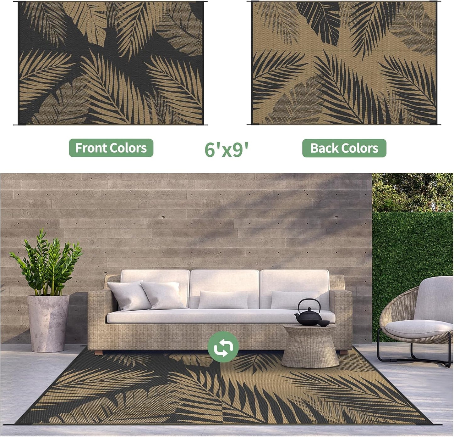 GENIMO Outdoor Rug 6' x 9' Waterproof for Patios Clearance, Reversible Outdoor Plastic Straw Camping Rug Carpet, Large Area Rugs Mats for RV, Camper, Deck, Balcony, Porch, Beach, Picnic, Black&Brown