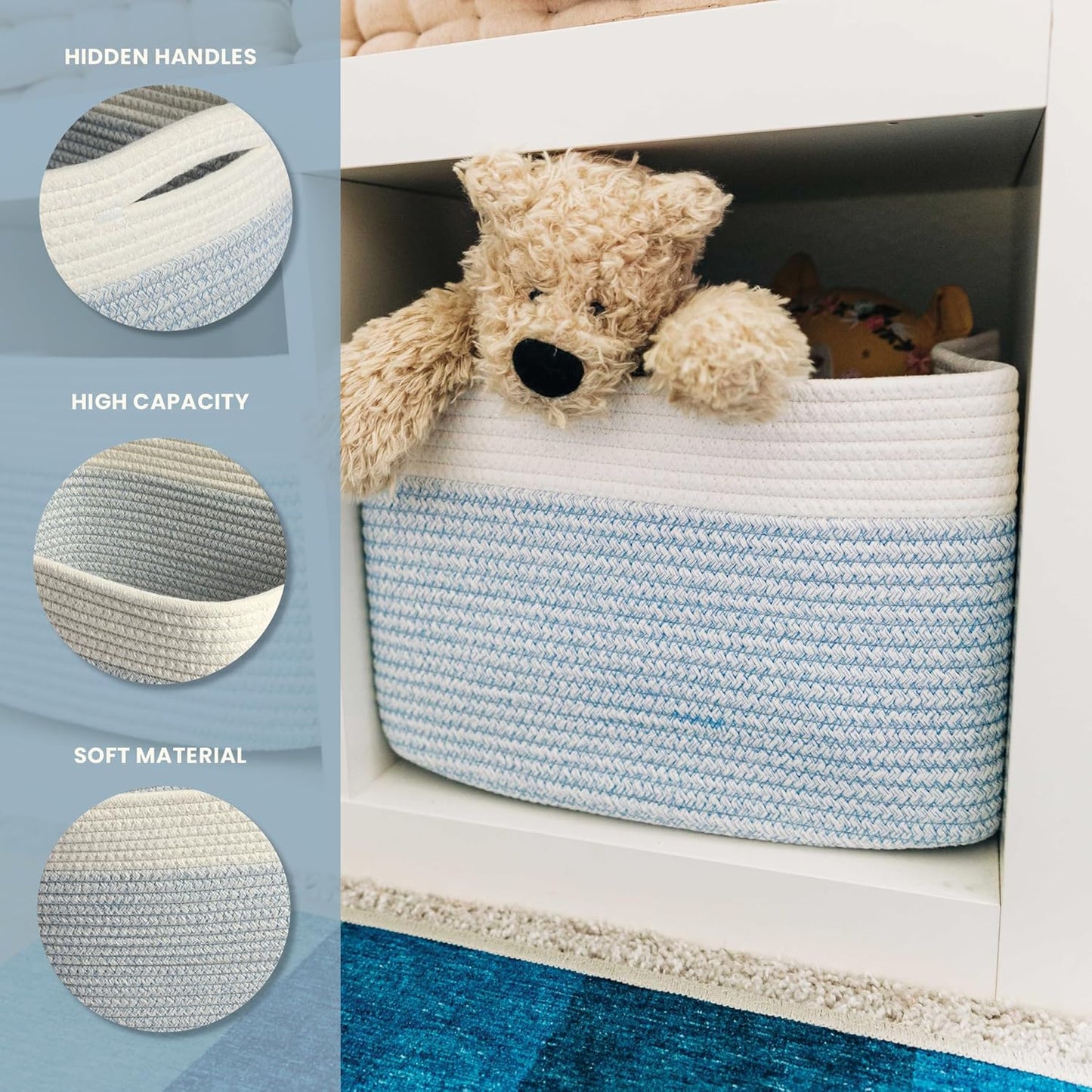 OrganiHaus Woven Storage Baskets for Organizing, Cotton Rope Organizer Bins for Shelves, Closet & Nursery, Dog Toy Basket, Decorative Bins for Toys, Towels & Books - 15x10x9, Blue/Off-White