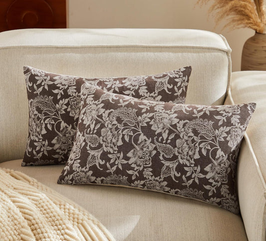 Floral Jacquard Lumbar Throw Pillow Covers Set of 2, Background/Chocolate 12x20 Inch, Farmhouse Decorative Cotton Dark Brown Cushion Covers for Sofa Bed Living Room Home Decor