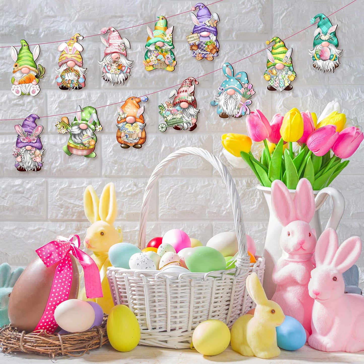 24 Pieces Easter Wooden Gnome Hanging Ornaments Hanging Decor for Easter Tree Decoration Gnomes Bunny Doll Wooden Hanging Craft