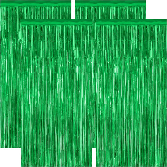 4 Pack Green Streamers, 3.28 FT x 7.05 FT Birthday Tinsel Backdrop, Metallic Green Foil Fringe Curtains Photo Booth Backdrop, Green Jungle Theme Decorations Birthday Decor