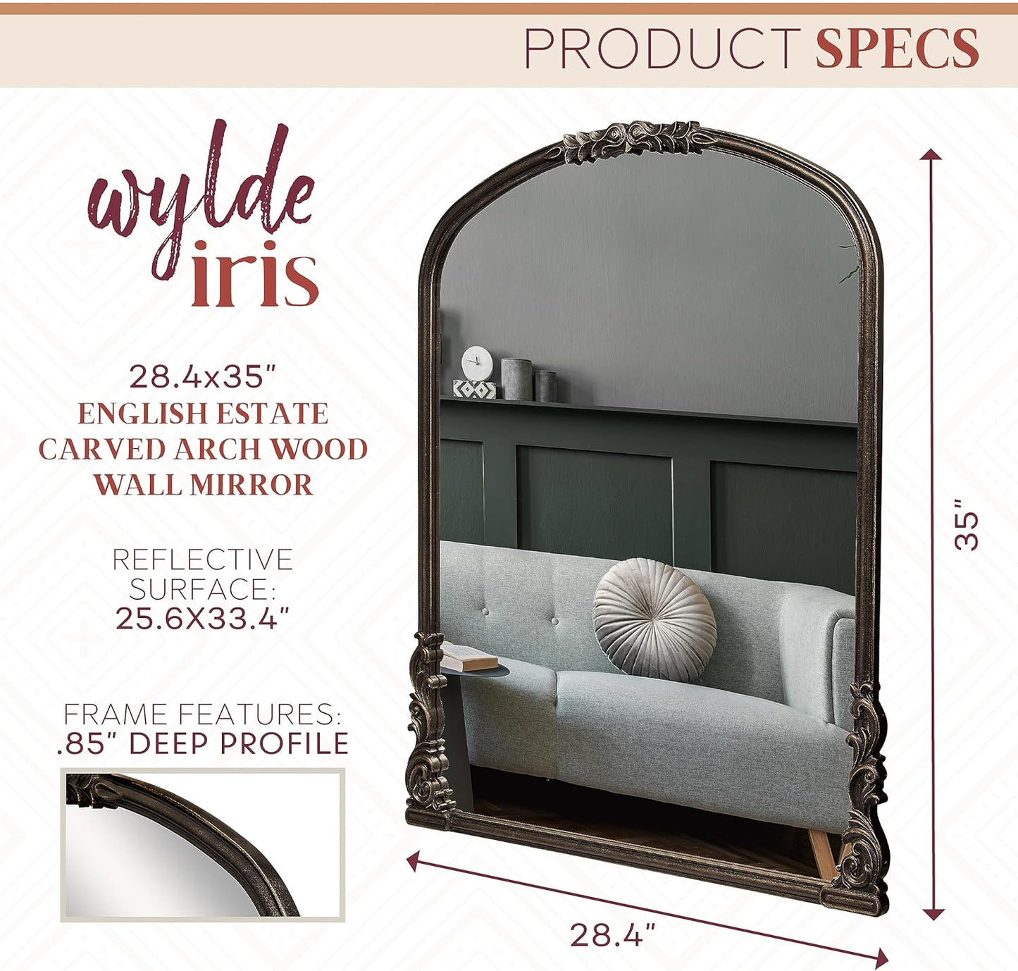 English Estate Carved Arch Wood Wall Mirror, Mirror for Entryway, Living Room, Bathroom, Antique Black, 28.4x35