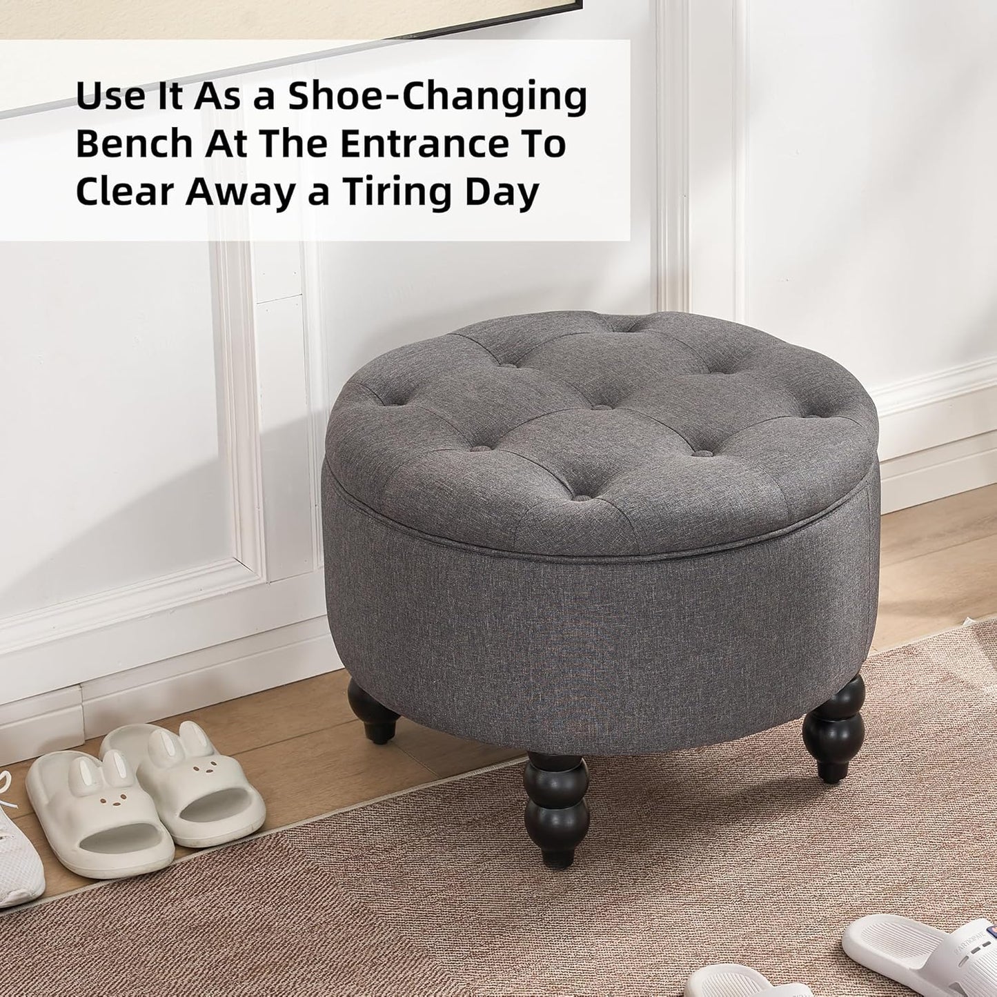 Fabric Round Ottoman with Storage, Upholstered Tufted Storage Footstool, Modern Wooden Coffee Table for Living Room, Bedroom, Dark Grey