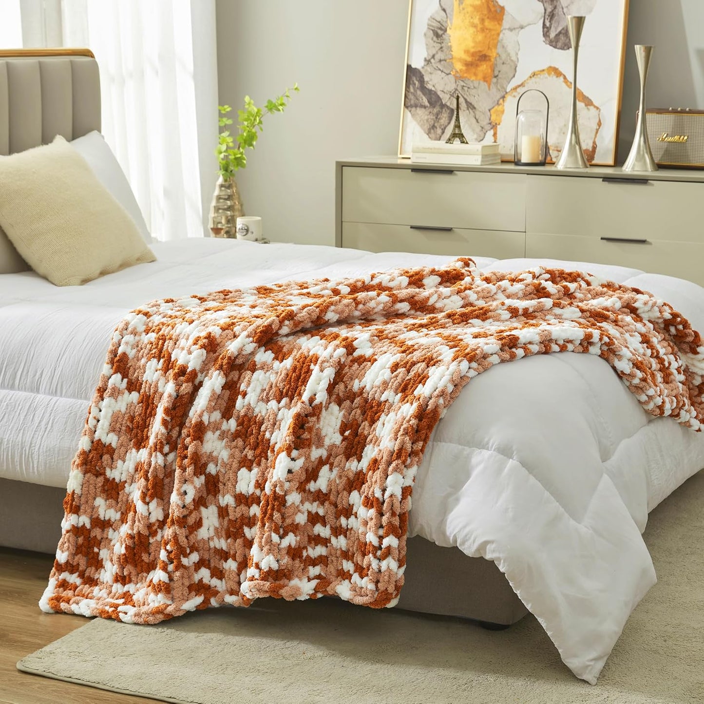 Amélie Home Chunky Knit Throw Blanket for Couch, Soft Chenille Crochet Blanket for Sofa, 50"x60", Space-Dyed Burnt Orange