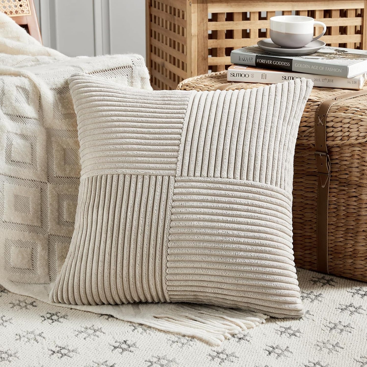 Fancy Homi 2 Packs Neutral Taupe Decorative Throw Pillow Covers 20x20 Inch for Living Room Couch Bed Sofa, Farmhouse Boho Home Decor, Soft Corss Corduroy Patchwork Accent Square Cushion Case 50x50 cm