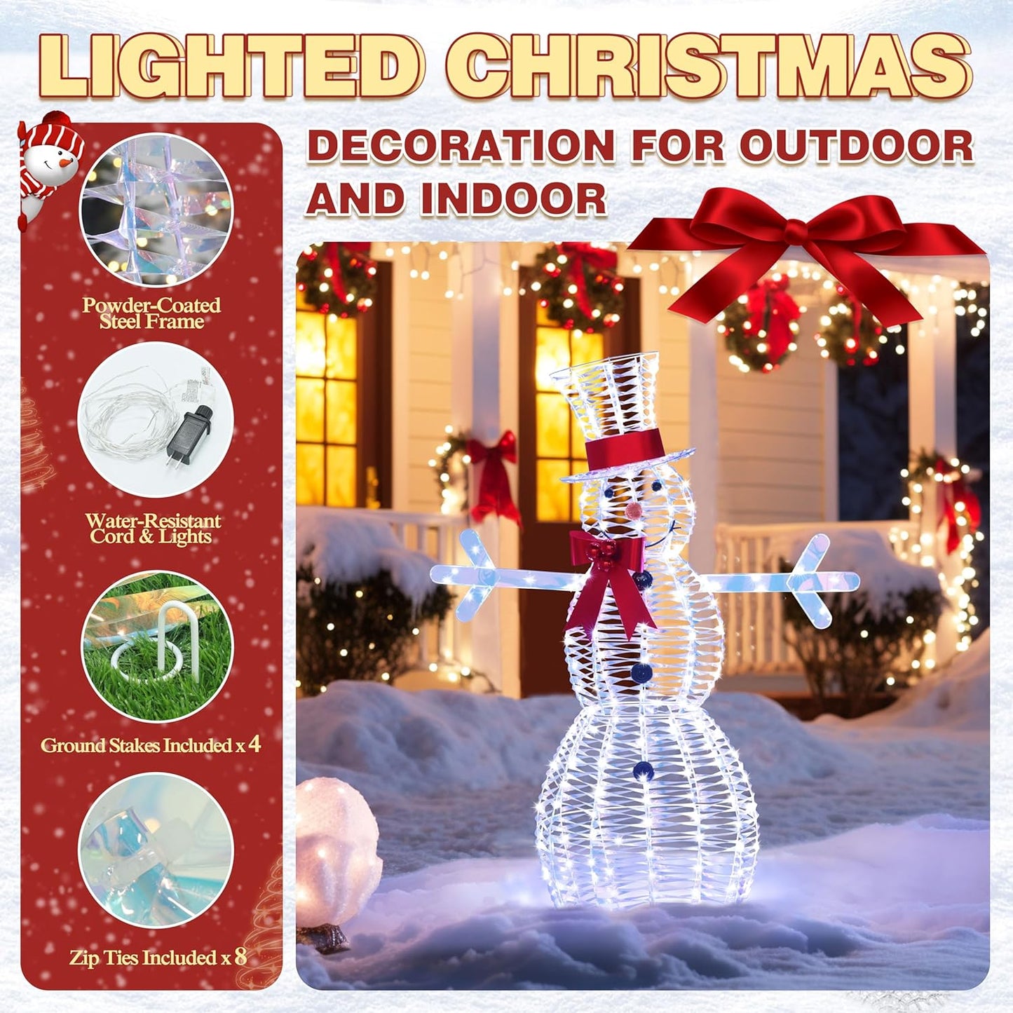 4.5FT Lighted Snowman for Christmas Decoration, 3D Pre-Lit Iridescent Snowman Xmas Decor with 100 LED Lights, Glittered Standing Holiday Display for Outdoor, Indoor