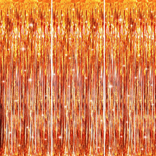 GOER 3.2 ft x 9.8 ft Metallic Tinsel Foil Fringe Curtains Party Photo Backdrop Party Streamers for Birthday,Graduation,New Year Eve Decorations Wedding Decor (3 Packs,Orange)