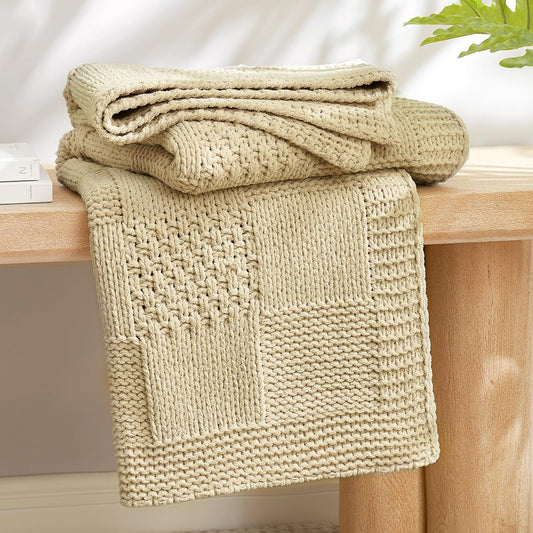 Amélie Home Chenille Knit Throw Blanket for Couch, Checkered Texture Decorative Soft Blanket for Sofa, Bed & Living Room, 50"x60", Beige