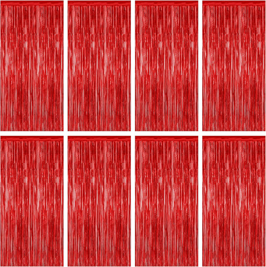 8 Pack Red Backdrop, 3.28 FT x 7.05 FT Streamer Party Decorations, Metallic Foil Fringe Curtains Party Streamer Photo Booth Backdrop, Red Tinsel Canival Theme Party Decor for Engagement Birthday