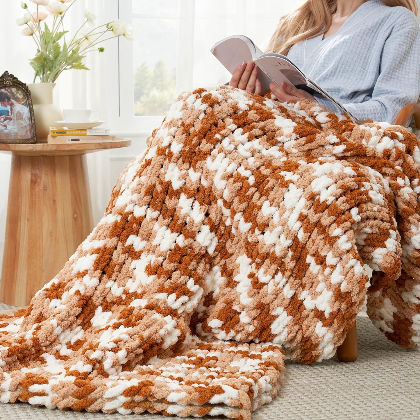 Amélie Home Chunky Knit Throw Blanket for Couch, Soft Chenille Crochet Blanket for Sofa, 50"x60", Space-Dyed Burnt Orange