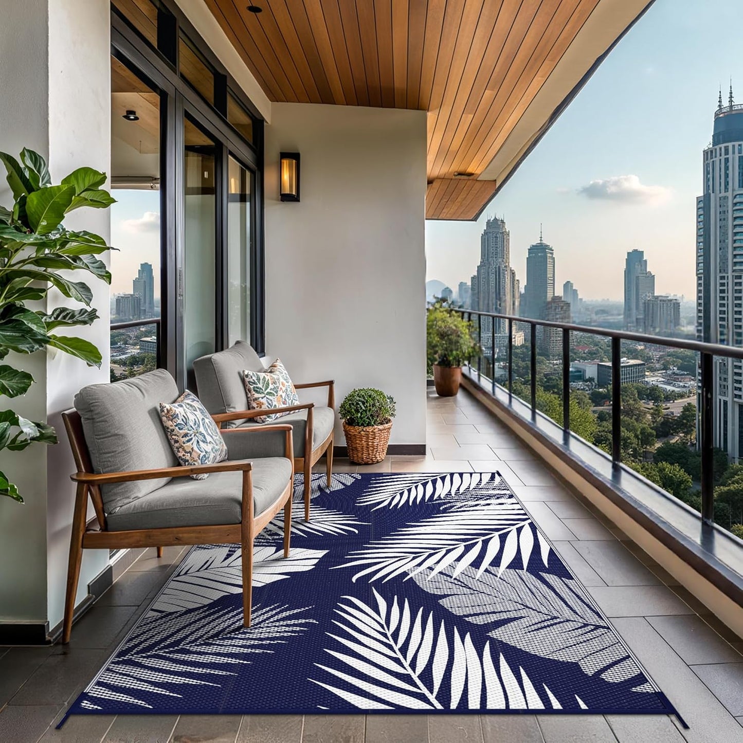 GENIMO Outdoor Rug 9' x 12' Waterproof for Patios Clearance, Reversible Outdoor Plastic Straw Camping Rug Carpet, Large Area Rugs Mats for RV, Camper, Deck, Balcony, Porch, Beach, Navy Blue&White